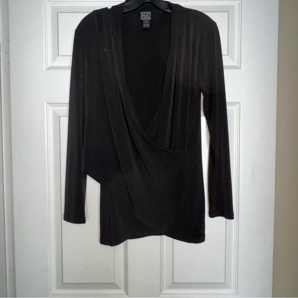 CLARA SUN WOO Faux Wrap Crossover black top size small S